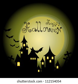 Halloween-themed Design: Halloween background with haunted house, bats and full moon, vector illustration.