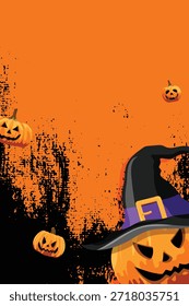 Diseño de Halloween con calabazas, sombrero de bruja y fondo naranja-negro. Calabazas espeluznantes y brujas que crean un ambiente festivo de Halloween. Ilustración vectorial de fondo de Halloween.