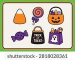 Halloween-themed flat icons set including candy, lollipop, jack-o