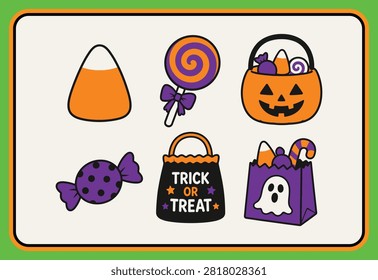 Halloween-themed flat icons set including candy, lollipop, jack-o'-lantern, ghost, and trick-or-treat bag