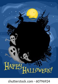 Halloween-themed Frame Featuring Ghosts and a witch in an Abandoned City - Vector