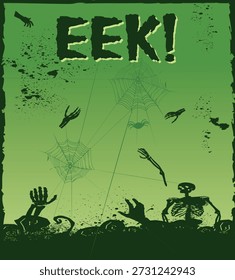 Un gráfico con temática de Halloween que presenta el texto “EEK!” con imágenes espeluznantes, que incluyen telas de araña, una araña, manos esqueléticas que se elevan desde el suelo y una silueta de esqueleto, colocadas sobre un fondo verde y sucio con un primer plano oscuro para un ambiente espeluznante y festivo.