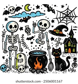 A Halloween-themed hand-drawn doodle set featuring skeletons, a cauldron, witch hat, black cat, and haunted house, perfect for spooky designs. Each on a separate layer, can be removed or replaced.
