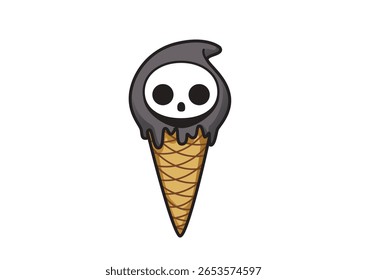 Cone de sorvete com tema de Halloween com um design fantasma bonito com derretimento de sorvete preto conceito