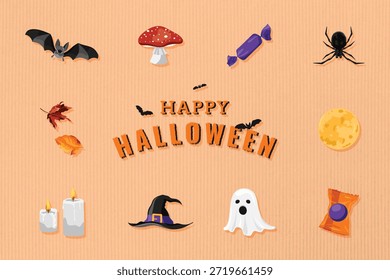 Ilustración de Halloween con murciélagos, caramelos, fantasmas y sombrero de bruja. Iconos de Halloween como la araña, la luna y las velas sobre un fondo naranja. Conjunto de ilustración de Elementos de Halloween Vector de fondo.