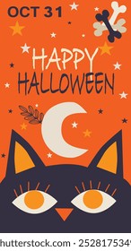 Halloween-themed illustration featuring a black cat with large orange eyes, a crescent moon, stars, and bone motifs against a bright orange background. Perfect for holiday designs.