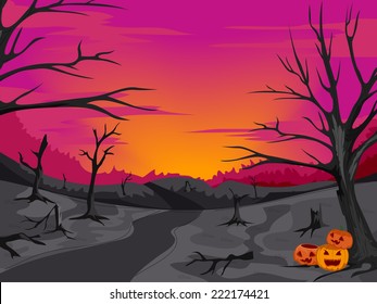 Halloween-Themed Illustration Featuring a Creepy Path in the Woods