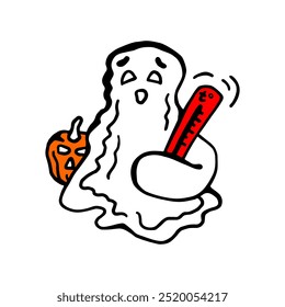 Uma ilustração com tema de Halloween com um fantasma segurando um termômetro vermelho, parecendo doente e preocupado. Uma abóbora esculpida (jack-o-lantern) fica atrás do fantasma, adicionando à atmosfera assustadora e festiva