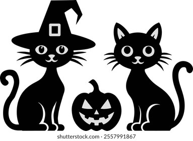 Halloween-themed illustration featuring two black cats and a carved pumpkin, typically known as a jack-o'-lantern. One of the black cats is wearing a witch's hat, which adds to the spooky .