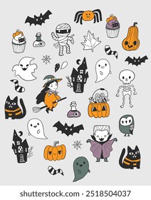 Halloween-themed illustration featuring a witch, vampire, mummy, skeleton, black cat, haunted house, and other spooky elements. Perfect for capturing the eerie and fun spirit of spooky autumn holiday