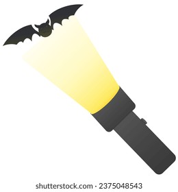 A Halloween-themed illustration of a flashlight casting a beam of light with a spooky bat silhouette. Perfect for festive designs.