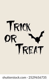 Halloween-themed illustration with the phrase 'Trick or Treat' and a flying bat. Perfect for spooky holiday designs, greeting cards, party invitations, and decorations