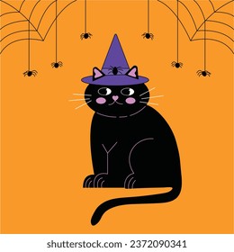 Halloween-themed illustrations with cute black cat and spider web. Halloween spooky cat vector illustration in cartoon style
