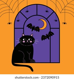 Halloween-themed illustrations with cute black cat sitting on window with spider web and bats. Halloween spooky cat vector illustration in cartoon style
