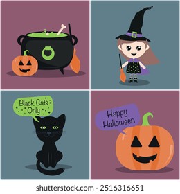 Halloween-themed illustrations featuring a witch, cauldron, black cat, and pumpkin. Perfect for adding a spooky touch to decorations, crafts, and designs!