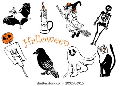 Halloween-themed images: a witch in a hat, a black cat, a ghost, a skeleton, a stuffed animal with a pumpkin head, a burning candle in a candlestick, a bat,a raven. Vector set of hand drawing.Isolated