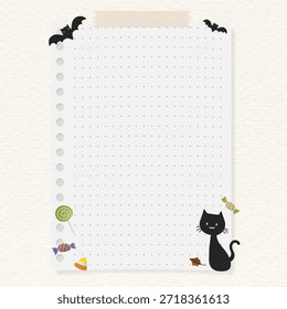 Halloween-themed notepad with a black cat, bats, and candy. Black cat and bats add spooky charm. Perfect for Halloween notes or lists background design resource vector.