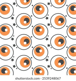 Halloween-themed pattern featuring eyeballs with black pupils and stars Vector illustration