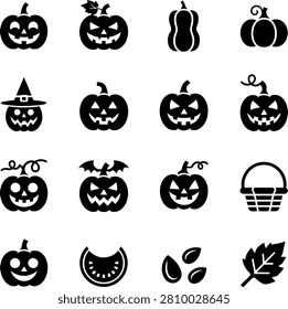 Halloweenthemed pumpkins jack o lanterns bats witch hat and autumn harvest icons with various carved faces