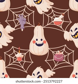 Un patrón sin fisuras con temática de Halloween que presenta fantasmas amistosos, telarañas y artículos peculiares como pociones y cupcakes. Ilustración vectorial perfecta para la decoración del partido y la tela.