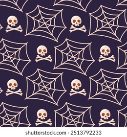 A Halloween-themed seamless pattern featuring skulls, crossbones, and spider webs in a vector style, isolated on a dark background. Perfect for spooky designs and seasonal decorations.