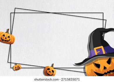 Halloween-themed template with pumpkins and witch hat. Pumpkins add a festive touch. Witch hat and pumpkins create a spooky Halloween vibe. Perfect for Halloween designs. Illustration frame vector.
