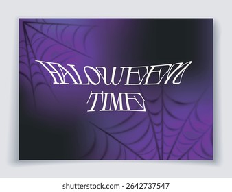 Halloween-themed text HALOWEEN TIME in spooky white font over a dark purple and black background with spider web design. Concept of spooky celebration. Vector illustration