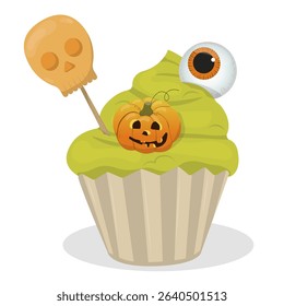 Halloween-themed vector illustration of a cupcake topped with green frosting, featuring a spooky pumpkin face, an eyeball decoration, and a skull-shaped candy stick.