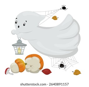 Halloween-themed vector illustration featuring a cute ghost holding a lantern surrounded by pumpkins, autumn leaves, and playful spiders, capturing festive and spooky vibes.