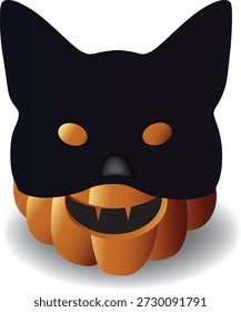 A Halloween-themed vector illustration of a jack-o'-lantern pumpkin wearing a black cat mask. The pumpkin has glowing orange eyes and a fanged mouth, combining classic spooky and playful Halloween elements. Ideal for decorations, clip art, and seasonal merchandise.