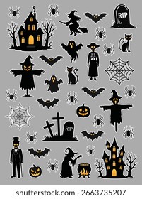 Halloween-themed vector sticker set with cute and spooky clipart: haunted houses, ghosts, witches, bats, pumpkins, cats, gravestones, and more. Perfect for stickers, decorations, and crafts.