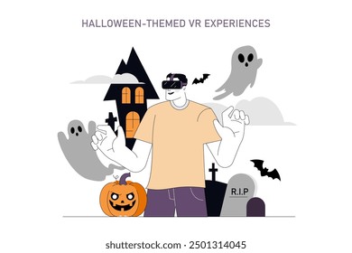 Halloween-themed VR experience concept. Man immersed in virtual reality amongst spooky elements. Interactive tech meets festive fright. Vector illustration.