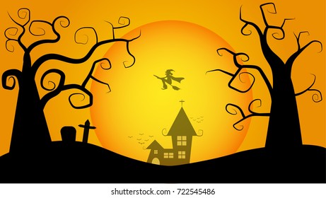 Halloween.tree  and dark castle on  Moon background, illustration