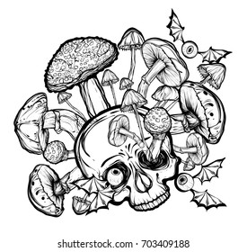 Halloween.Vector illustration.Skull,mushrooms.Handmade,prints on T-shirts, background white.tattoos