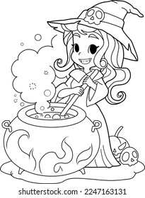 Halloween,Witch Preparing A Potion. Vector illustration of a cartoon witch stirring her spooky brew isolated on white background.coloring book.coloring page.