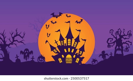 hallowen background, sacred background, old tree, spooky castle, witch and full moon, creepy night, Bats, ect