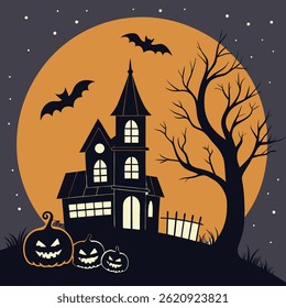 hallowen background, sacred background, old tree, spooky castle, witch and full moon
