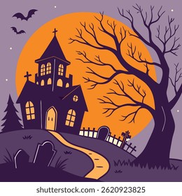 hallowen background, sacred background, old tree, spooky castle, witch and full moon