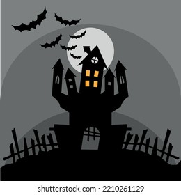 Hallowen  design vector for poster, banner, invitation card. Horror house, bat simple silhouette drawing