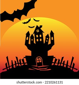 Hallowen  design vector for poster, banner, invitation card. Horror house, bat simple silhouette drawing