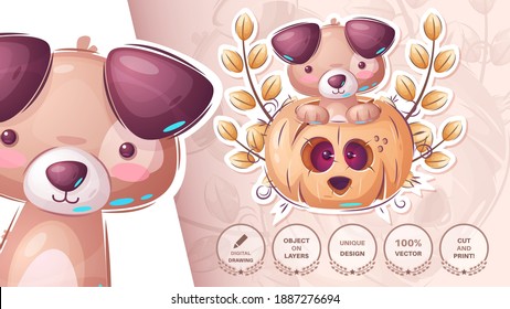 Hallowen Dog In Pumpkin - Cute Sticker. Vector Eps 10