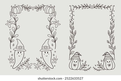 Hallowen frame, border, Background. cute illustration pumpkin, witch hat, ghost, flower lineart for coloring pages or invitation design