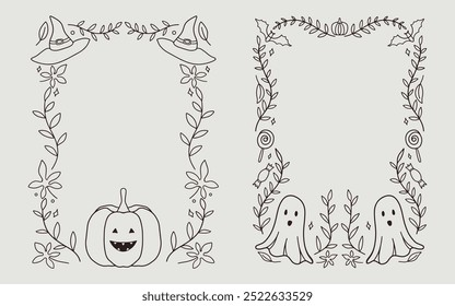 Quadro de Hallowen, borda, fundo. bonito ilustração abóbora, fantasma, morcego, chapéu de bruxa e lineart de flor para colorir páginas ou design de convite