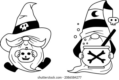 Hallowen Gnome. 
Set Of Little Garden Gnomes. Collection Of Cute Holidays Elves With Hats. Vector Illustration For New Year Postcard. Drawing For Children.
