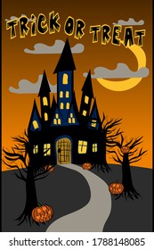 
Hallowen greeting card designs with haunted house illustrations and pumpkin decorations