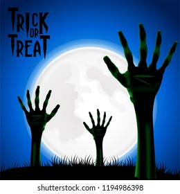 Hallowen party poster invitation with zombie hand corpse from ground at the middle night with full moon and blue sky template can use for flyer brochure banner on social media or print media