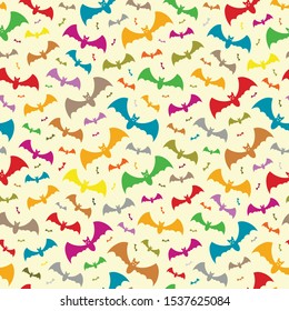 Hallowen pattern of colorful flying bats. Vector seamless background.