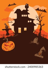 hallowen poster, hallowen illustration with house, moon, bats, owl