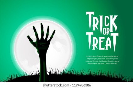 Hallowen poster invitation with zombie hand corpse from ground at the middle night with full moon and green sky template can use for flyer brochure banner on social media or print media