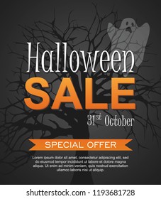 Hallowen Sale vector banner with ghost. Halloween special offer.